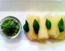 Kappa Puzhungiyathu and Pachmulaku Chammandi – Steamed Tapioca With Green Chillii, Shallots and Coconut Oil Dip